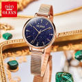 OLEVS, hermoso Mini reloj de pulsera de cuarzo para mujer, relojes de acero para mujer, relojes ultrafinos de malla de acero dorado y azul zafiro para vestirse